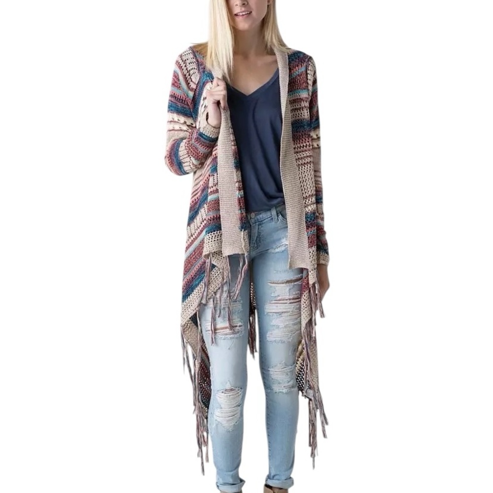 PAPER CRANE Boho Open Weave Flyaway Fringed Duster Cardigan Sweater Small